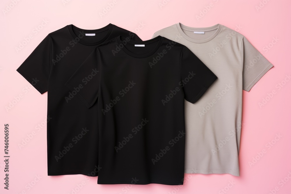 Wall mural A sleek set of t-shirts in black and beige, elegantly laid out on a soft pink background, offering a versatile option for fashion displays and mockups