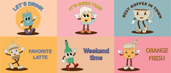 Set of funny retro characters. Cartoon coffee cup, latte, fresh juice, beer, wine bottle, soda can mascot in groove style. Vintage vector illustration of drinks.