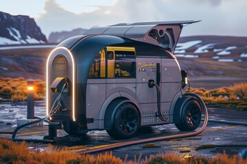 Futuristic autonomous electric vehicle charging - A sleek, futuristic autonomous electric van at a charging station surrounded by a scenic landscape signifies advanced green transportation technology
