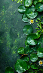 Green water lilies and leaves with dew on a lush dark background.