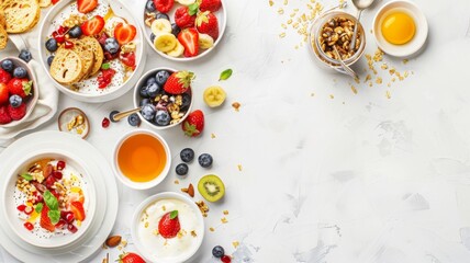 Fototapeta na wymiar Healthy Breakfast Assortment Top View - Top view of a fresh and healthy breakfast spread with various fruits and cereals on a white background