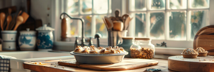 Homely kitchen with fresh apple pie - A warm kitchen interior bathed in sunlight featuring a fresh homemade apple pie on the counter, invoking comfort
