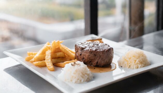 Fil&eacute; mignon com arroz branco e batata frita servido em um prato branco. ( Filet Mignon) 