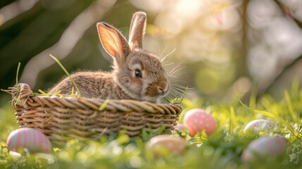 Fototapeta na wymiar Adorable Easter Bunny, A Small and Beautiful Baby Rabbit Rests in a Basket on a Lush Green Lawn, Surrounded by Colorful Easter Eggs