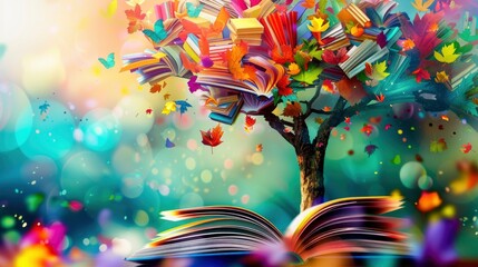Celebrating International Literacy Day, Tree of Knowledge Flourishes with Colorful Books as Leaves, Symbolizing Education and Empowerment
