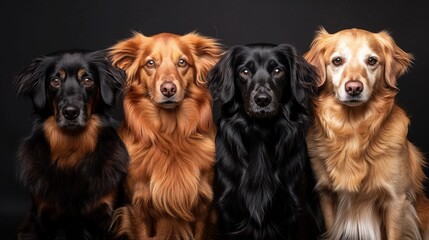 A group of three dogs sitting in a row with black background, AI