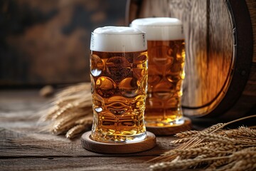 High-quality beer mugs with froth overflowing, placed near wheat stalks and a wooden barrel in low light
