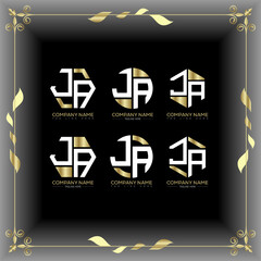 JA letter luxury logo set design.JA monogram polygonal and circle shape vector. JA luxury design.
