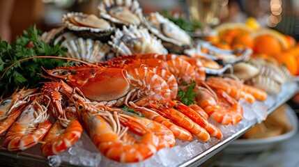 A large tray of seafood on ice with orange slices and other garnishes, AI
