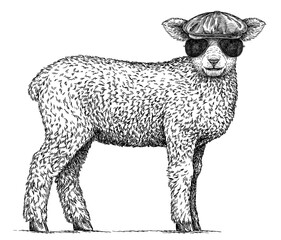 Vintage engraving isolated lamb glasses dressed fashion set illustration ram ink sketch. Farm animal sheep background mutton silhouette sunglasses hipster hat art. Black and white hand drawn image	
