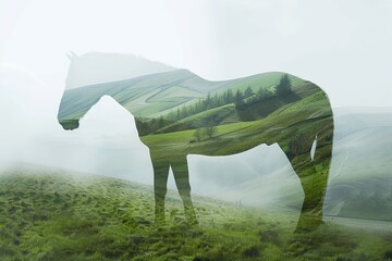 A horse superimposed with the rolling hills of a countryside landscape in a double exposure - obrazy, fototapety, plakaty