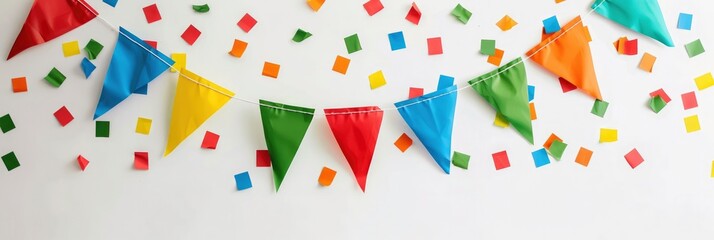 Vibrant Celebration, Colorful Party Garland with Festive Flags in Bright Red, Green, Yellow, and Blue. Triangular-Shaped and Isolated on White, Perfect for Wall Decoration at Party Events