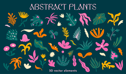 Abstract organic plant shapes and forms vector illustration set. Different types of exotic flowers and leaves decorative elements kit. Large collection of botanical elements in cartoon, funky style - obrazy, fototapety, plakaty