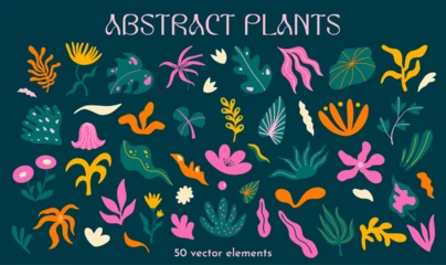Fotobehang Abstract organic plant shapes and forms vector illustration set. Different types of exotic flowers and leaves decorative elements kit. Large collection of botanical elements in cartoon, funky style © WeirdyTales