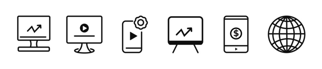 Digital device thin line editable icon set or symbol, internet web icon, computer, mobile phone icon, video annalist icon vector 
