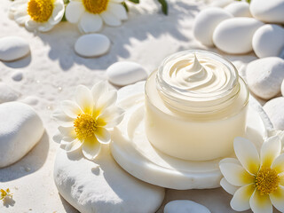 Obraz na płótnie Canvas Jar of cream with flowers on the white stones. Skin care concept