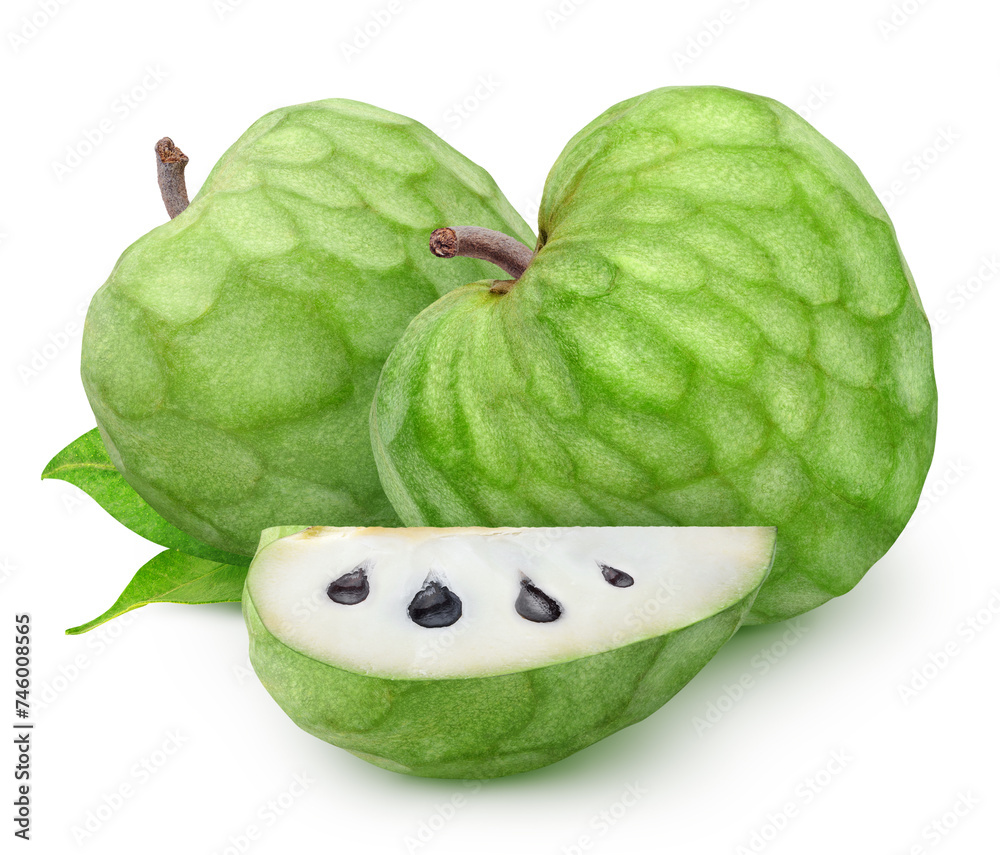 Wall mural isolated cherimoya. two whole and a piece of cherimoya (custard apple) fruits with leaves isolated o