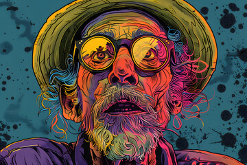 Expressive and Funny Old Man. Comic Books Style - Colorful Illustration