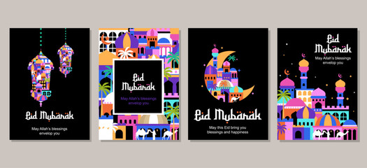 Set of eid mubarak al fitr islamic arabic mosque architecture illustration for a poster banner, cover template. vector illustration