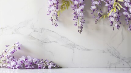 Purple wisteria flowers elegantly draped over a white marble background, creating a luxurious and serene display.