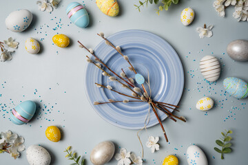 Happy Easter composition for easter design. Elegant Easter eggs, plate and flowers on pastel blue...
