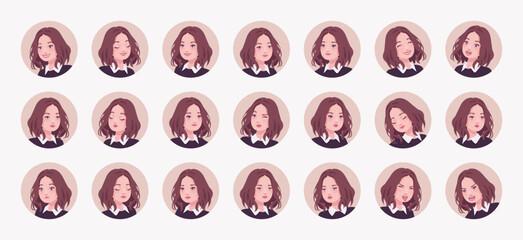 Young woman, pretty girl cute avatar portrait set, businesswoman elegant bundle. Different feelings, emotions face icons, character pic. Vector illustration circles isolated on white background