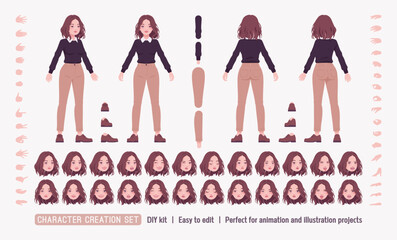 Young woman, pretty girl in cute outfit DIY character creation set. Female body figure parts. Head, leg, hand gestures, different emotions. Vector construction business kit isolated on white backgroun