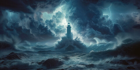 Distant lighthouse, standing tall against the swirling stormy clouds and pouring rain - obrazy, fototapety, plakaty