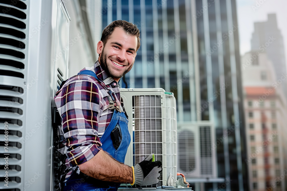 Wall mural hvac technician with air conditioning unit. friendly hvac technician in plaid shirt and overalls ser