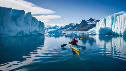 Kayak in the glacial lagoon with icebergs in the background