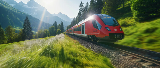fast train against the backdrop of a spring field and - obrazy, fototapety, plakaty