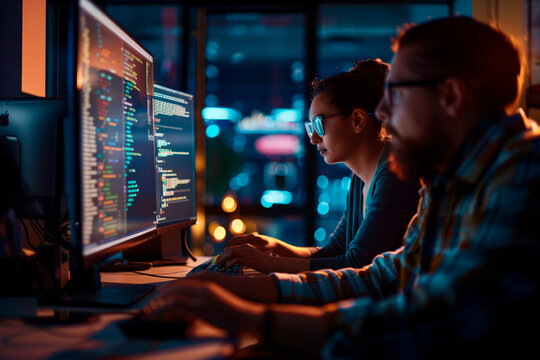 Programmers Working in Tech Office at Night. Coders intensely focused on screens, neon city glow.