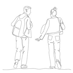 Woman and man with backpack talking. Tourists walking. Rear view. Continuous line drawing. Hand drawn black and white vector in line art style.