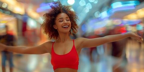 A young African American woman exudes vibrant energy and confidence as she strikes a dynamic pose against the blurred backdrop of a modern, motion-blurred shopping mall filled with bustling shoppers.