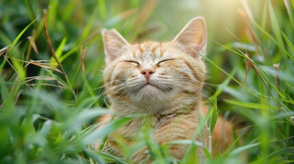Naklejka na ściany i meble A cat with its eyes closed in the grassy field, AI