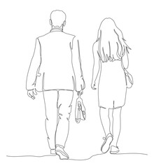 Couple walking away. Man wear suit and holding briefcase. Rear view. Continuous line drawing. Hand drawn black and white vector illustration in line art style.