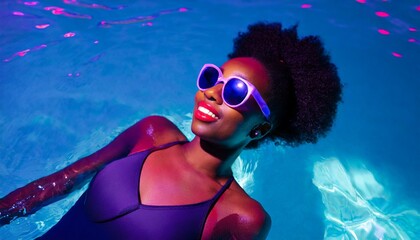 Young woman floating in pool in swimsuit with neon blue and pink lights reflecting on water