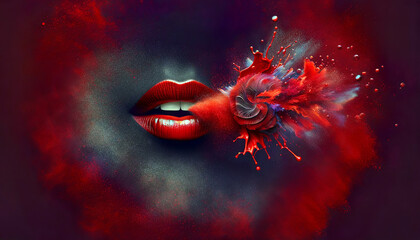 Artistic image of vibrant red lips in the center, with a dynamic explosion of color and abstract patterns, conveying a sense of whispered secrets and allure.AI generated. - obrazy, fototapety, plakaty