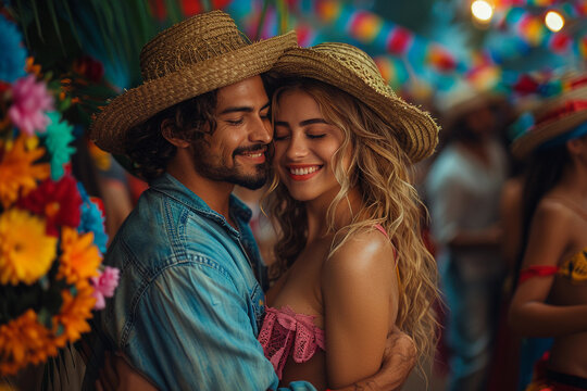 Casal dan&ccedil;ando juntos em festa t&iacute;pica brasileira, S&atilde;o Jo&atilde;o