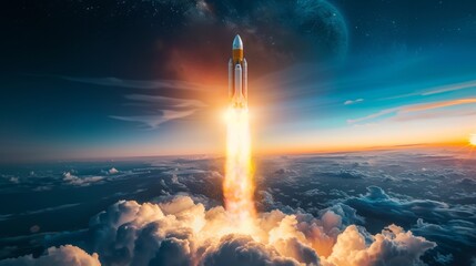 A rocket is flying through the clouds with a bright light, AI