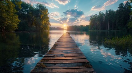 A long wooden dock leading into a lake with the sun setting, AI