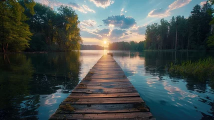 Papier Peint photo autocollant Route en forêt A long wooden dock leading into a lake with the sun setting, AI