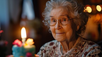 An elderly woman with glasses and a birthday cake in front of her, AI