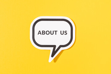 About Us text on speech bubble isolated on yellow background