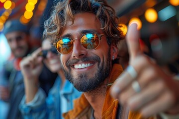 Smiling charismatic man in orange attire giving a thumbs up in a lively ambiance