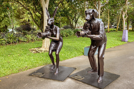 The bronze sculptures of Rabbitwoman and Dogman by Gillie and Marc at Love The Last March display at the Gardens by the Bay in Singapore