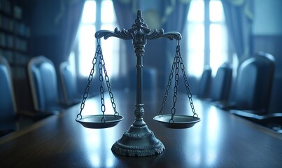 Scales of justice on a blurred background of the office. - obrazy, fototapety, plakaty