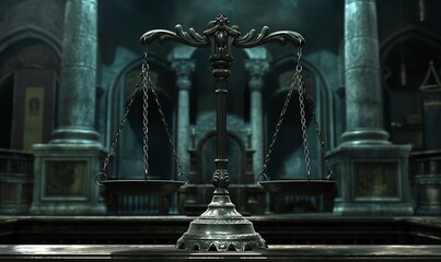 Scales of justice on a dark gloomy background. - obrazy, fototapety, plakaty