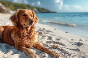 A relaxed golden retriever dog enjoying the beach with a sea view, face blurred for privacy