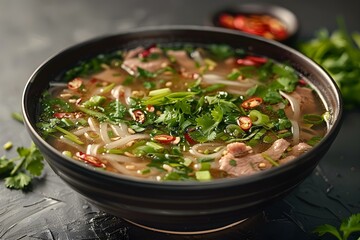 Vietnamese Cuisine: Top View of Pho on a Black Background. Concept Vietnamese Cuisine, Top View, Pho, Black Background